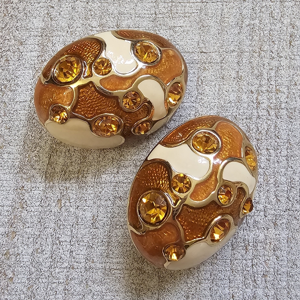 Vintage 1980s Enamel Clip-On Earrings. Easter Egg Earrings. Rhinestones.